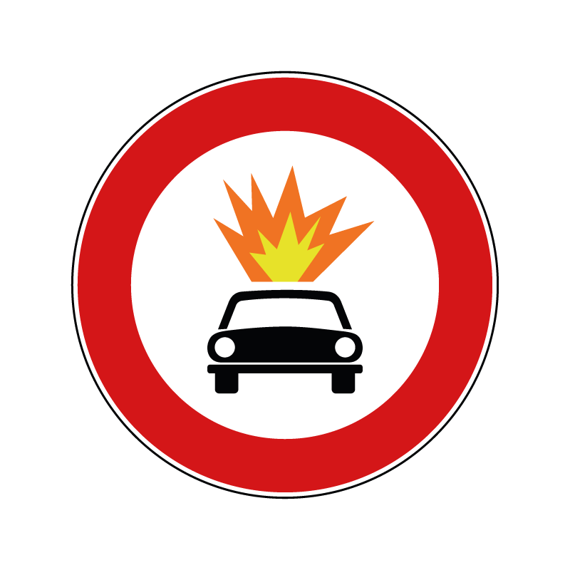 00000064a - Segnale di divieto specifico - Divieto di transito ai veicoli che trasportano esplosivo o prodotti facilmente infiammabili - Figura 64a